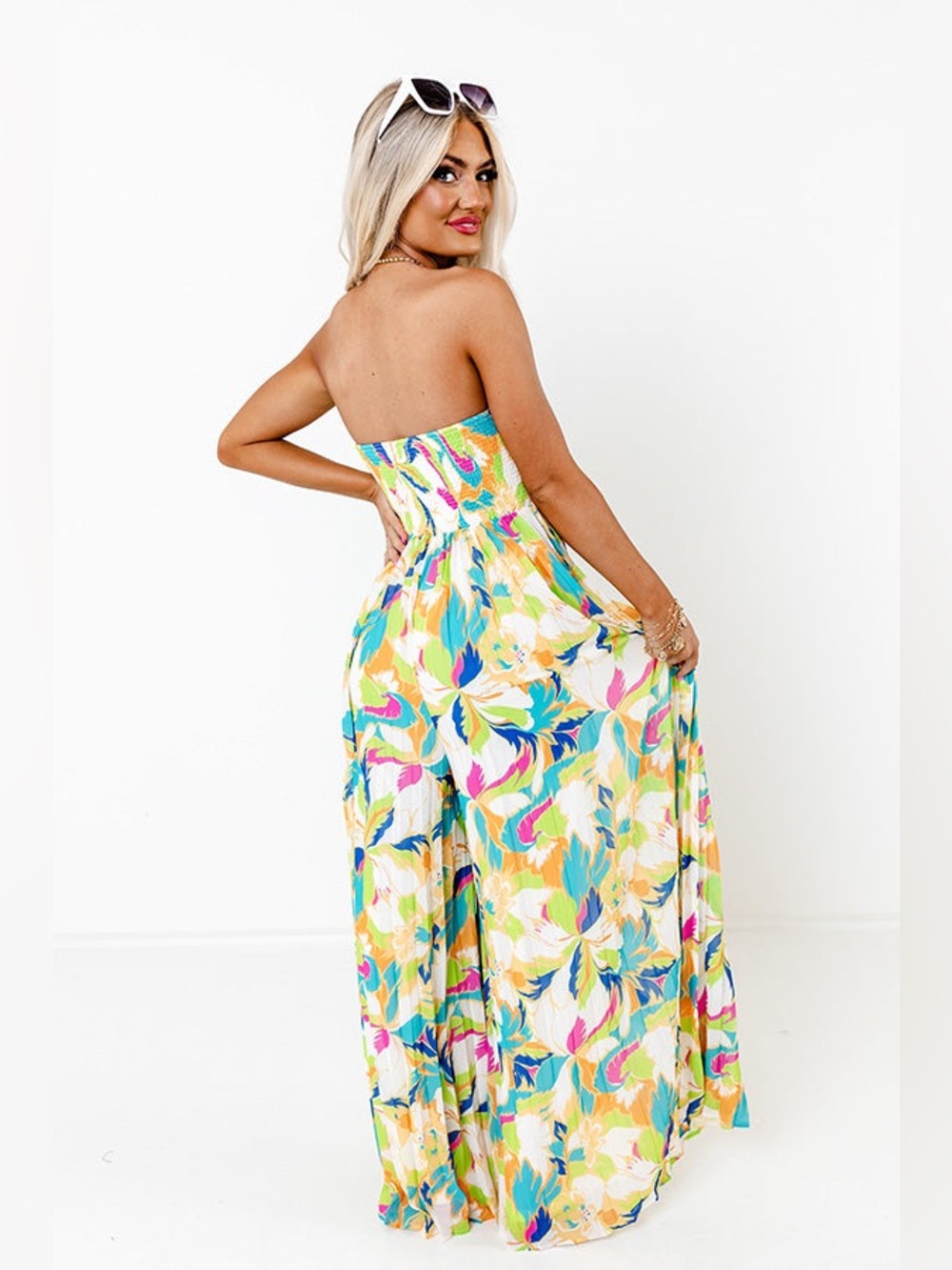 Flying Tomato Strapless Tropical Print Wide Leg Jumpsuit Size L - Picture 3 of 11